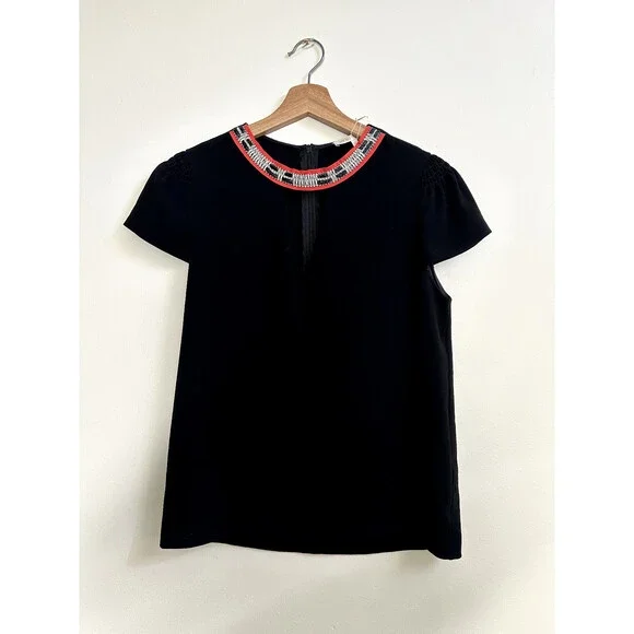 Maje Fraiche Keyhole Black Embroidered Short Sleeve Blouse size 2 $345 - Picture 7 of 15